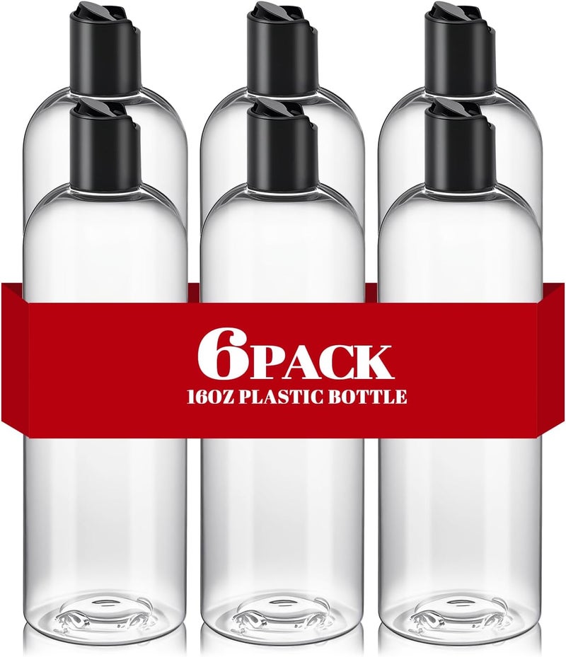DPLASKA 6 Pcs 16 oz Clear Plastic Empty Bottles with Black Disc Top Caps, Squeezable Refillable Shampoo Bottles Travel Cosmetic Containers for Lotions, Body Soap Cream - Image 1